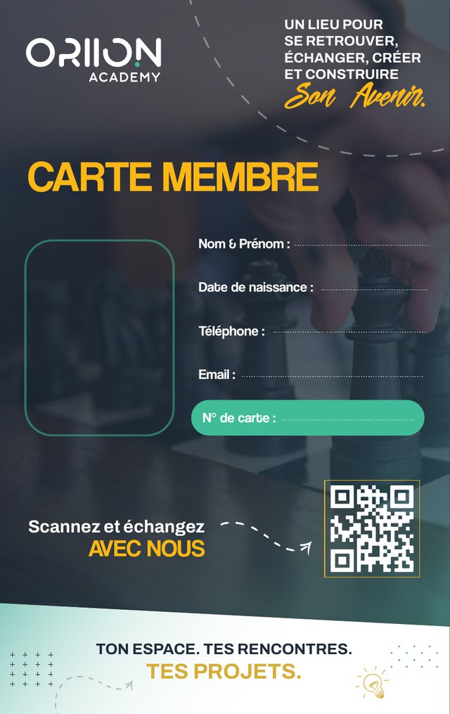 Recto de la carte membre ORIION Academy : emplacement photo, nom et prénom, date de naissance, téléphone, e-mail et numéro de carte, avec un QR code pour échanger avec nous.