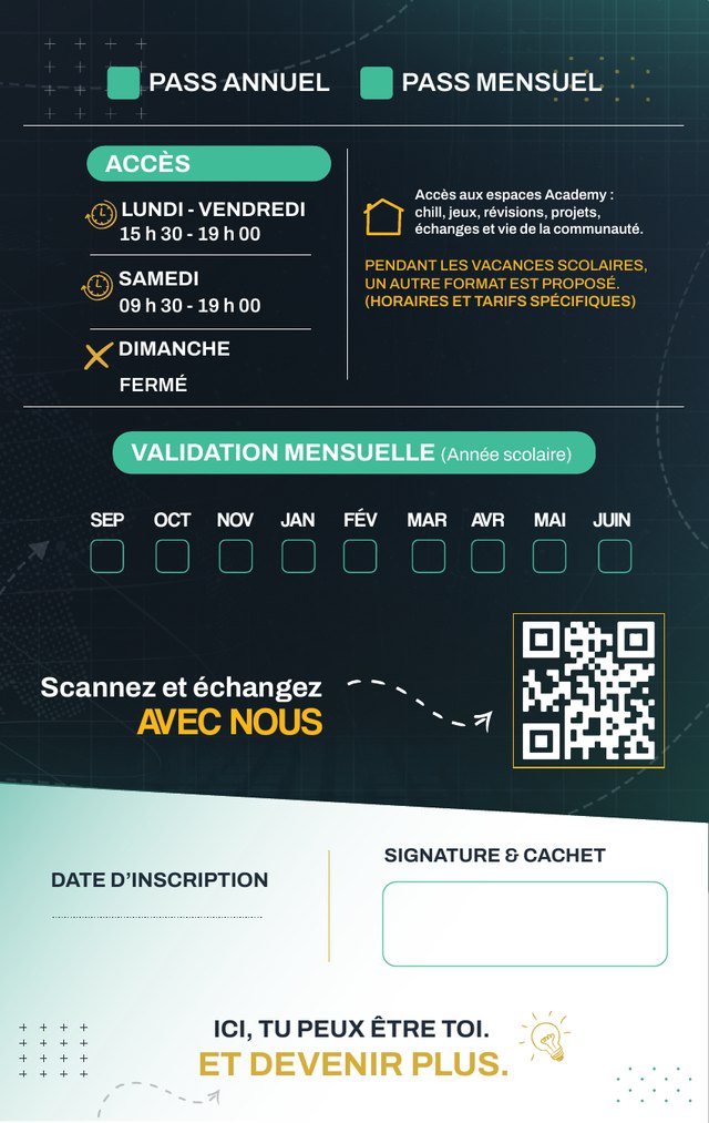 Verso de la carte membre : Pass annuel ou Pass mensuel ; accès du lundi au vendredi de 15 h 30 à 19 h 00, le samedi de 9 h 30 à 19 h 00, fermé le dimanche ; cases de validation mensuelle de septembre à juin ; date d'inscription, signature et cachet.